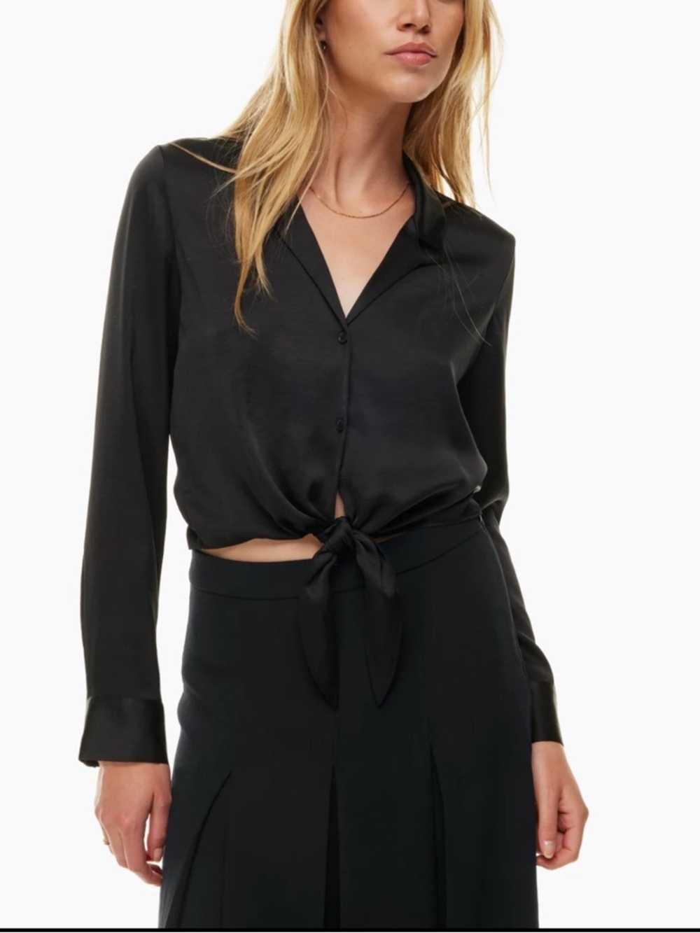 Wilfred Tie Front Satin Blouse Cropped Button Up Black Minimalist Chic XXS